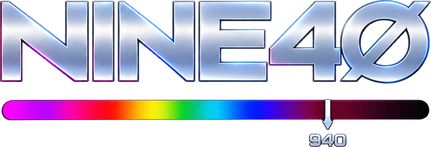 NINE40 wordmark in chrome with a slashed zero over a light spectrum bar that fades to black at 940 nanometers