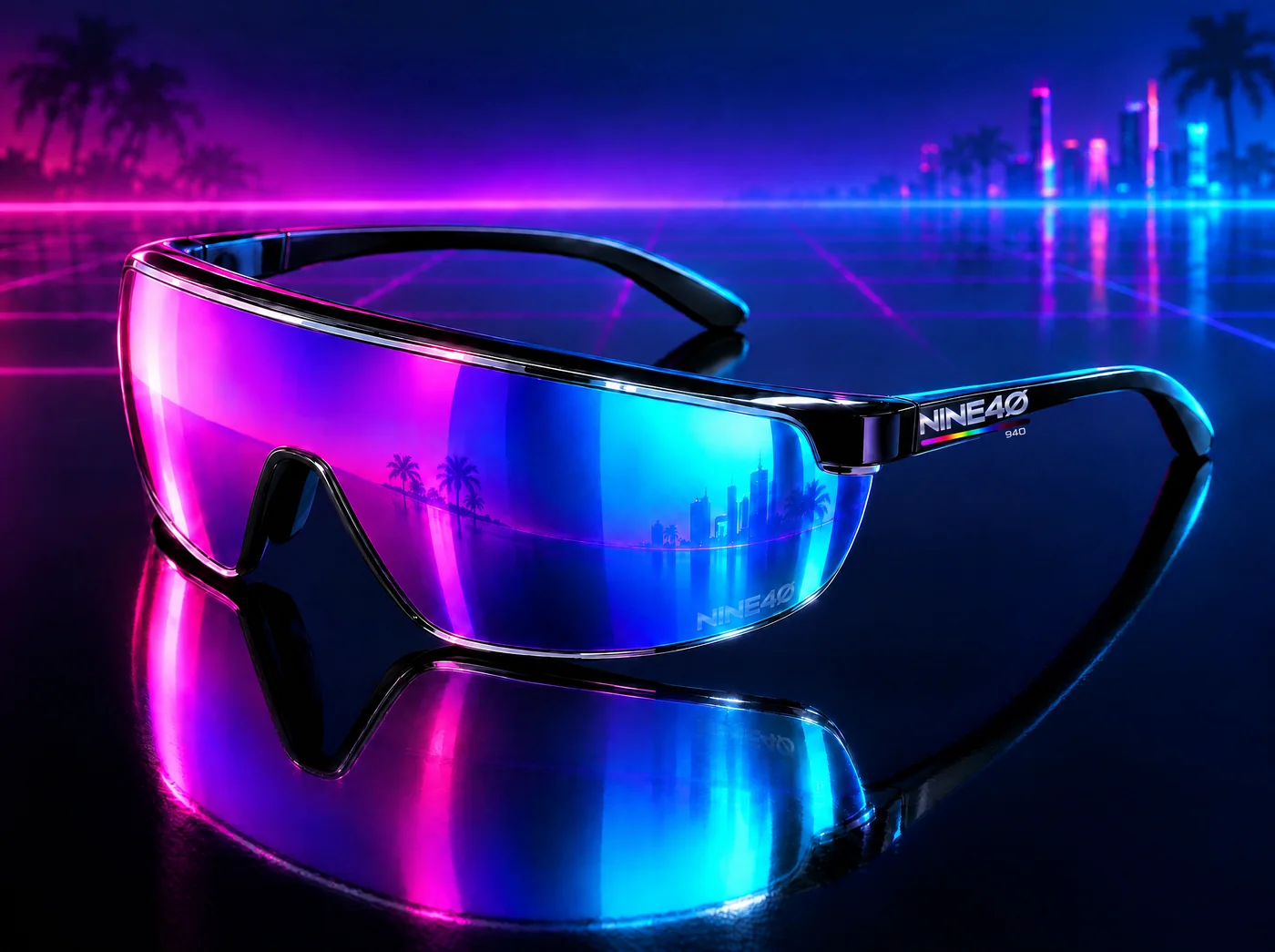 NINE40 Ocean Drive visor sunglasses with a magenta to cyan mirror lens, the NINE40 logo and spectrum bar on the outer temple, and the mark inside the lens