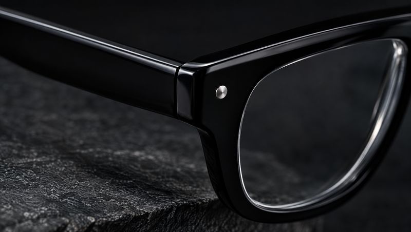 Close-up of a black acetate frame corner and hinge with a smooth, seamless finish and no visible lens or light