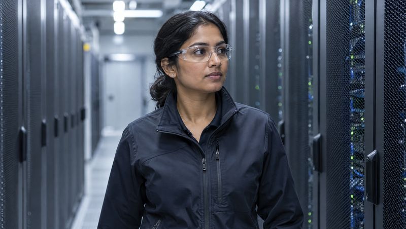 A South Asian facilities engineer in clear safety-style glasses walks a data center aisle