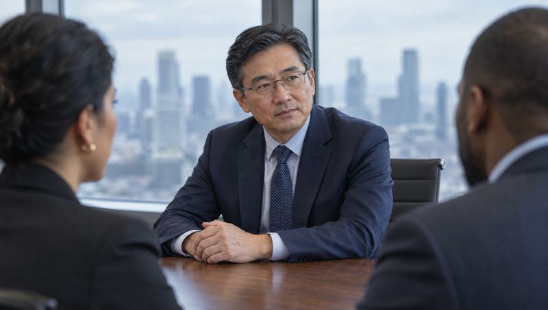An East Asian executive in metal-frame glasses listens across a boardroom table