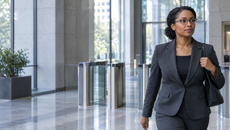 A Black woman in a charcoal suit and thin black glasses walks past the turnstiles of a government building lobby